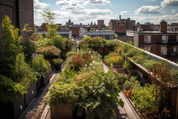 Rooftop Garden With Mix Of Sunloving And Shadeloving Plants. Sustainability And Conservation. Generative AI