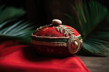 Decorative Clay Kalash With Green Coconut And Leaf, Placed On Red Velvet Cushion. Generative AI