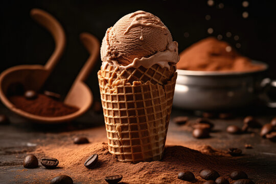 Cone With Scoop Of Coffeeflavored Ice Cream. Ice Cream Day Celebration. Generative AI