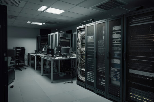 Network Server Room With Racks Of Equipment. Generative AI