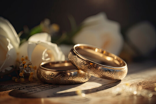 two wedding rings and flowers, wedding invitation