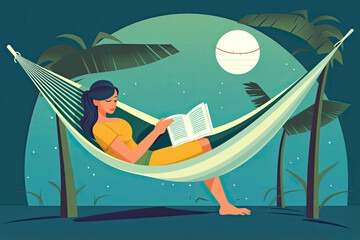 Young Female Lying in Hammock and Reading Book