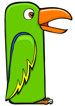 funny green cartoon parrot with big beak open