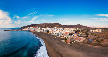 Aerial view of Gran Tarajal, Fuerteventura, Canary islands, Spain. Fuerteventura holidays, scenic coastal town of Gran Tarajal. Canary islands, Spain.
