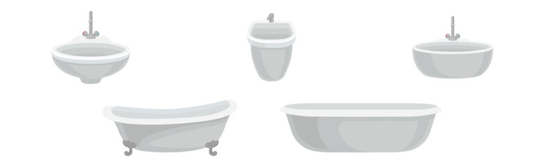 White Bathtub and Sink Basin with Tap as Home Amenity Vector Set