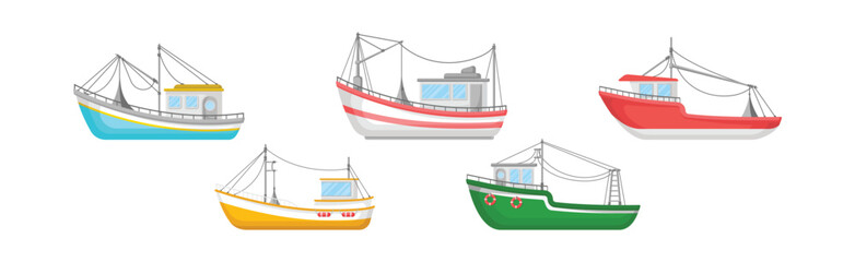 Regular Ship with Cabin and Mast as Water Transport Vector Set