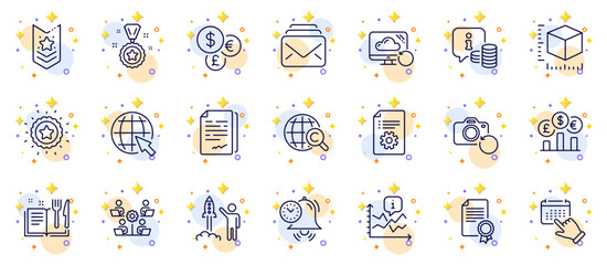 Outline set of Package size, Time management and Teamwork line icons for web app. Include Currency rate, Info, Recipe book pictogram icons. Recovery cloud, Winner star, Launch project signs. Vector