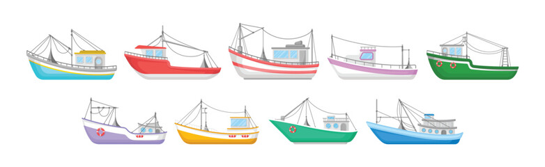 Naklejka premium Regular Ship with Cabin and Mast as Water Transport Vector Set