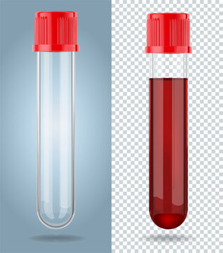 Two 3 dimensional transparent glass test tubes with red cap. One test tube with red liquid. Vector Illustration.