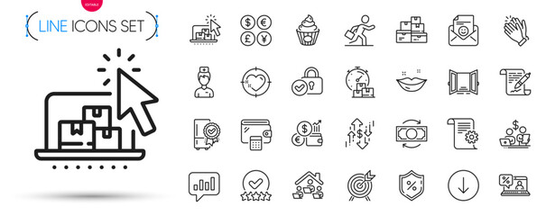 Pack of Scroll down, Loan percent and Rating stars line icons. Include Smile, Currency rate, Doctor pictogram icons. Fast delivery, Archery, Lips signs. Online loan, Work home, Verified locker. Vector