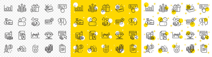 Outline Report diagram, Loyalty star and Diamond line icons pack for web with Budget, Sale gift, Pay line icon. Stock analysis, Inflation, Loyalty gift pictogram icon. Tickets. Vector