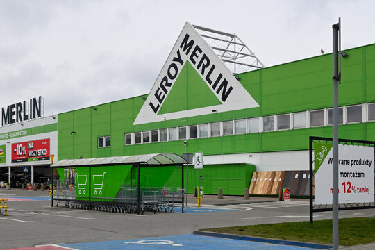 Rumia, Poland - April 16, 2023: Leroy Merlin logo on the facade of the store. Leroy Merlin is a French chain of hypermarkets in the construction industry