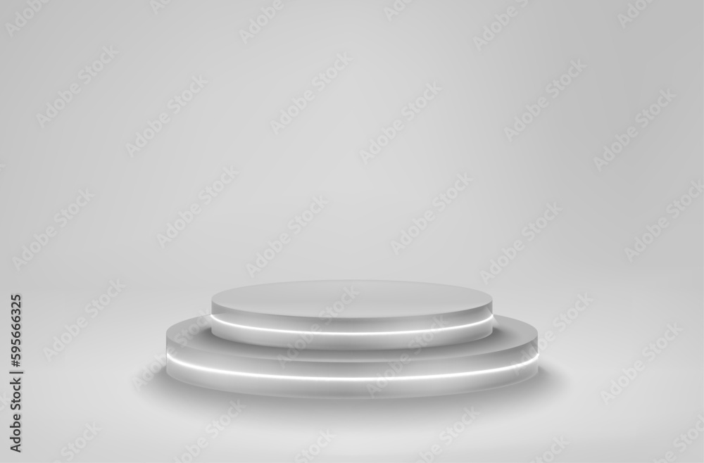 Poster empty white podium with neon. vector 3d mockup for product design