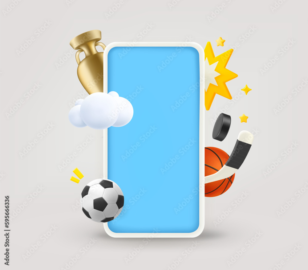 Poster modern smartphone with sports elements and blank screen. 3d vector illustration