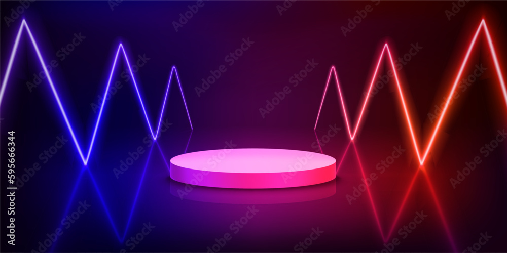 Poster illuminated interior with empty podium and neon glowing яшпяфпы. 3d vector illustration