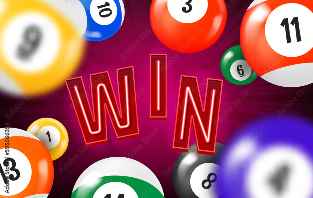 Poster winning concept with flying billiard balls. 3d vector frame with copy space