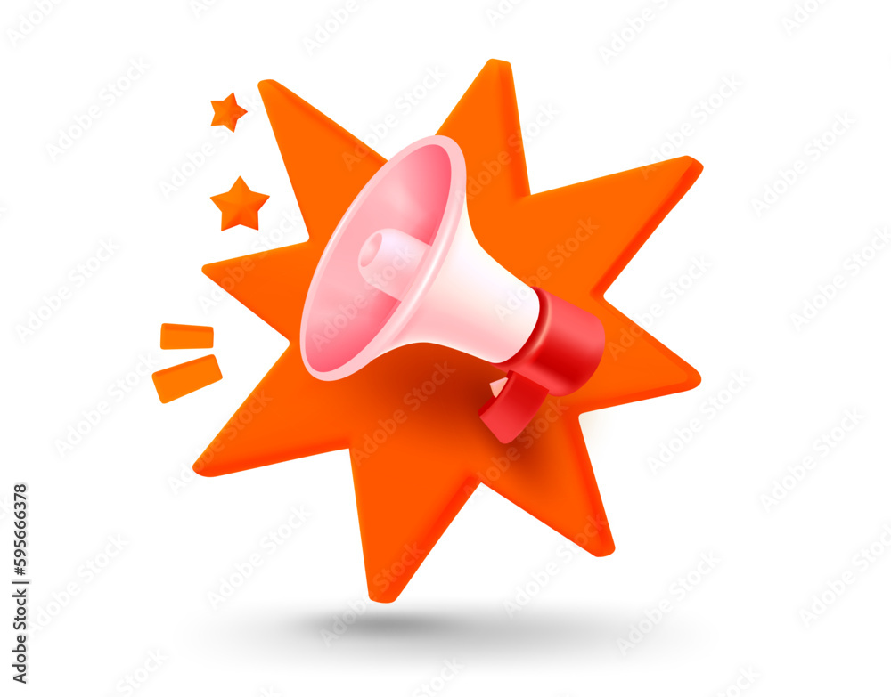 Aufkleber Loud speaker with explosion effect. 3d vector mobile application icon with notification