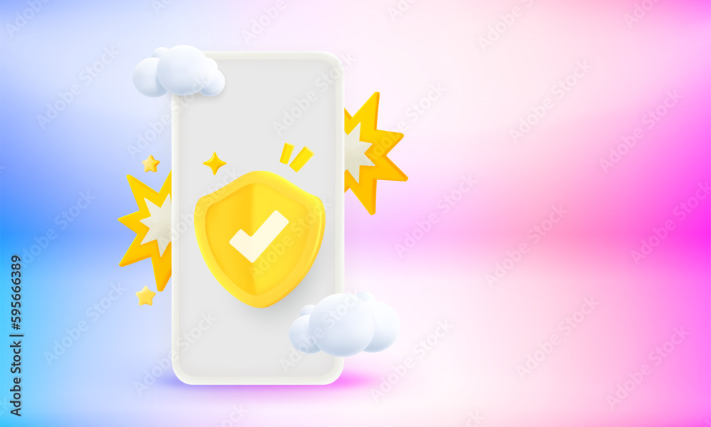 Poster Modern smartphone with shield and blank screen. 3d vector banner with copy space
