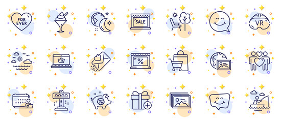 Fototapeta na wymiar Outline set of Ice cream, Market and Smile face line icons for web app. Include Accounting, Piggy sale, Sleep pictogram icons. Love letter, Smile chat, Deckchair signs. Web photo. Vector