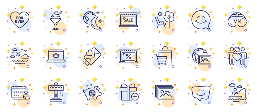 Outline set of Ice cream, Market and Smile face line icons for web app. Include Accounting, Piggy sale, Sleep pictogram icons. Love letter, Smile chat, Deckchair signs. Web photo. Vector