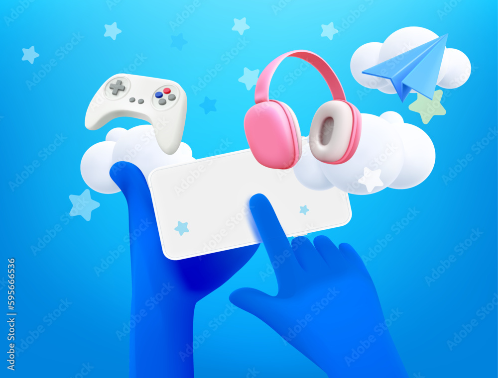 Poster Using modern smartphone. Hands holding modern smartphone and tapping on the screen. 3d vector