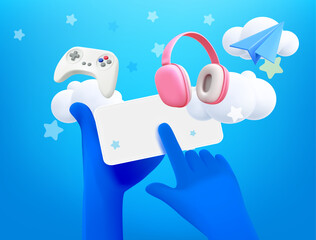 Using modern smartphone. Hands holding modern smartphone and tapping on the screen. 3d vector