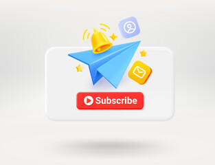 Pop up window with red button, blue plane, icons and golden bell. Subscribe concept. 3d vector illustration