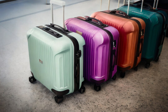 Set of  colorful bright suitcases in the airport waiting room. Travel concept. Generative AI