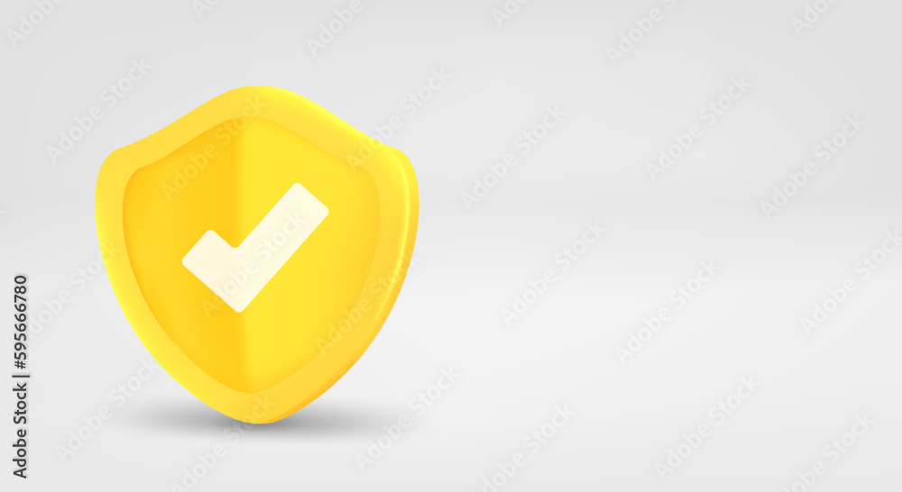 Poster Golden shield with white check mark. 3d vector banner with copy space