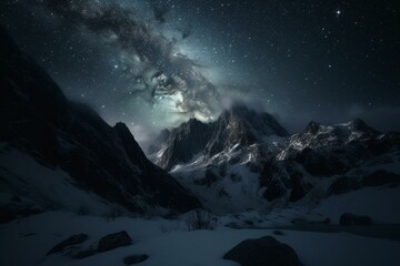 Fototapeta na wymiar Mountainous backdrop and sparkling starscape. Generative AI
