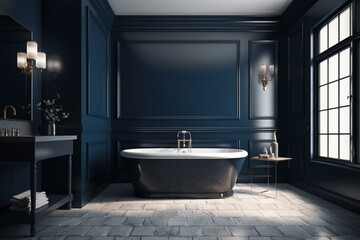 Fototapeta na wymiar Contemporary bathroom design with blank navy blue wall. Generative AI