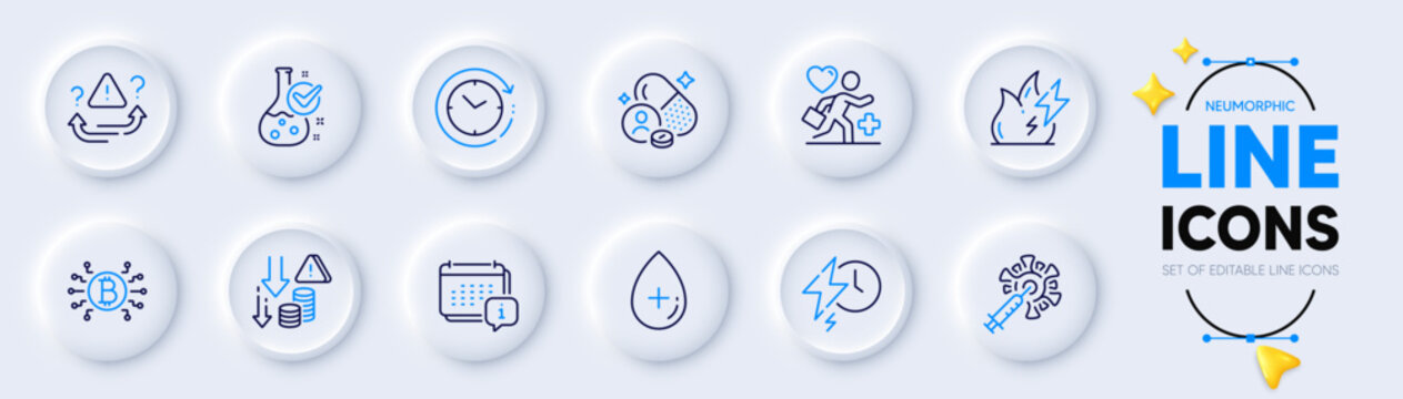 Calendar, Oil serum and Time change line icons for web app. Pack of Patient, Charging time, Chemistry lab pictogram icons. Bitcoin system, Coronavirus vaccine, Deflation signs. Vitamin. Vector