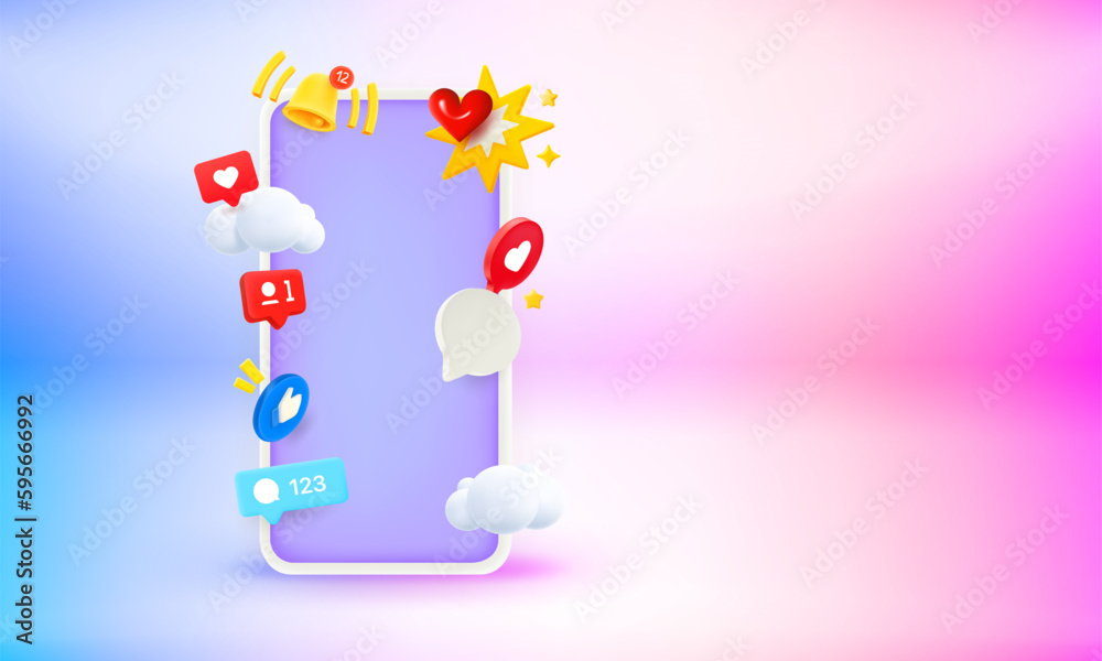 Poster modern smartphone with video social media elements and blank screen. 3d vector banner with copy spac