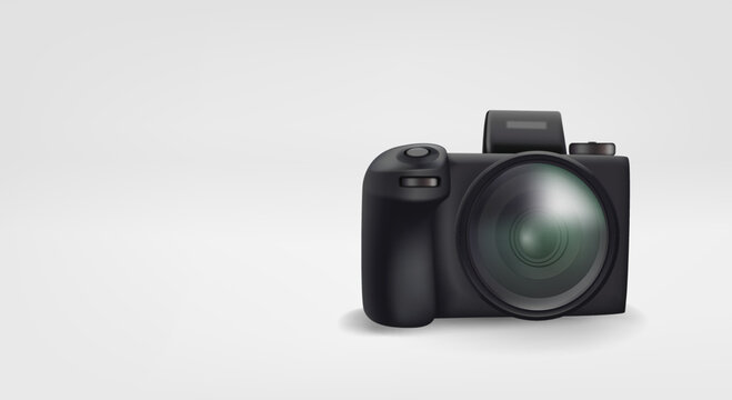 Black modern ptoto camera. 3d vector banner with copy space