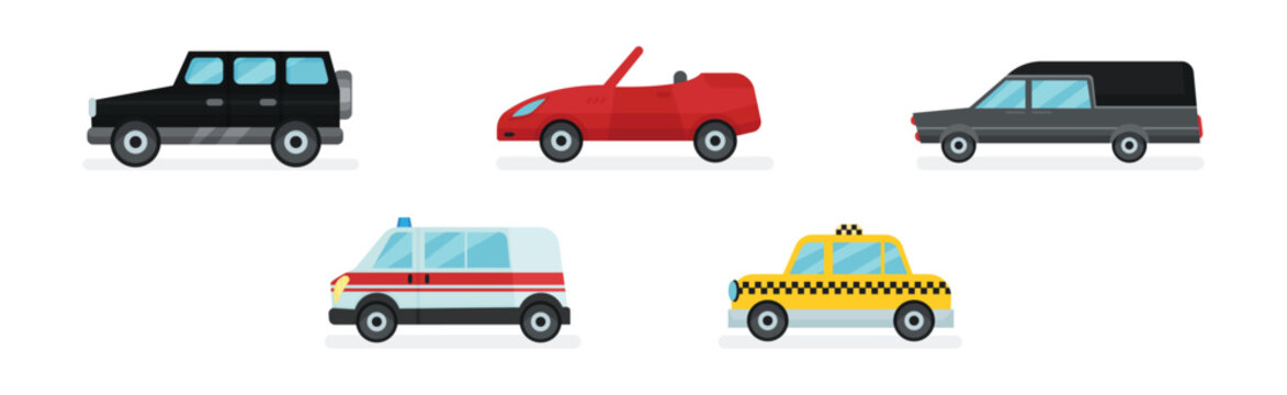 Ambulance, Taxi, Cabriolet and Truck as Cars and Wheeled Motor Vehicle Vector Set