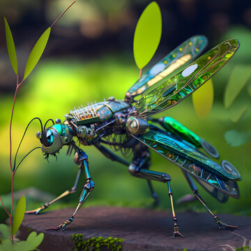 dCybernetically enhanced Damselfly landing on natural ground in bright daylight.
