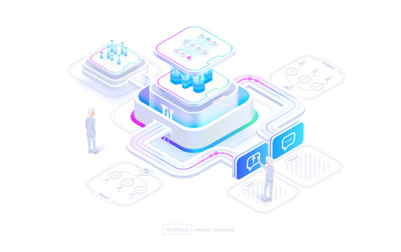 Technologies of neural networks A person uses a neural network. Chat with artificial intelligence, image generation. The structure of the neural network. Isometric image 3d style