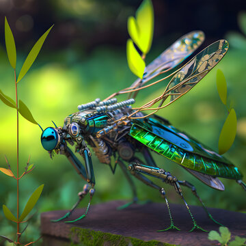 dCybernetically enhanced Damselfly landing on natural ground in bright daylight.