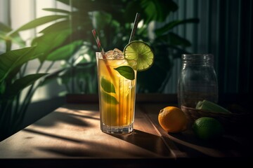 Refreshing tropical drink on a clean slate. Generative AI