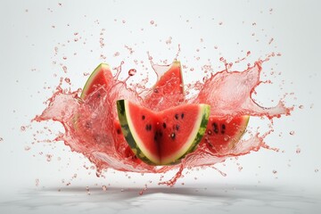 Juicy watermelon slices exploding on white background. Generative AI