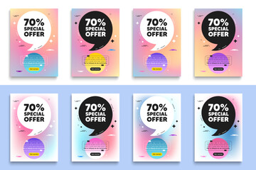 Obraz premium 70 percent discount offer tag. Poster frame with quote. Sale price promo sign. Special offer symbol. Discount flyer message with comma. Gradient blur background posters. Vector