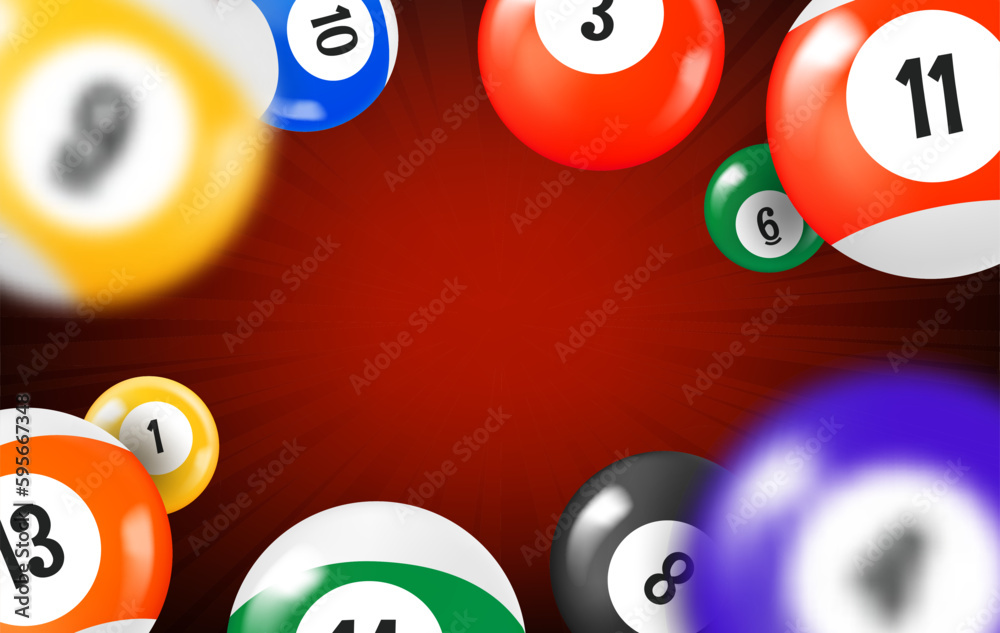 Aufkleber winning concept with flying billiard balls. 3d vector frame with copy space