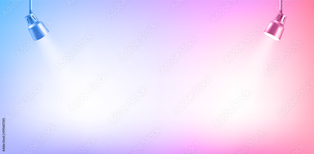 Poster Photorealistic illuminated stage with projectors. Presentation vector layout