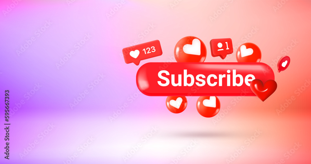 Poster Social media icons and Subscribe button. Vector 3d banner with copy space