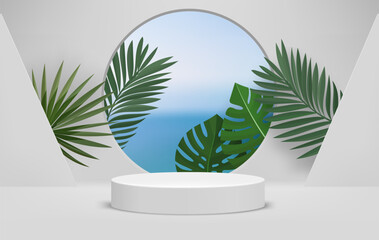 Obraz premium White interior with podium and circle window with landscape and leaves. Eco friendly product showcase template. 3d vector background