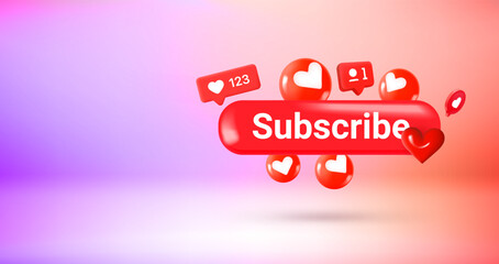 Social media icons and Subscribe button. Vector 3d banner with copy space