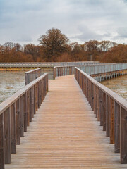 Fototapeta na wymiar spring in nature, walking path above the water in Latvia. wooden bridge with metal mesh