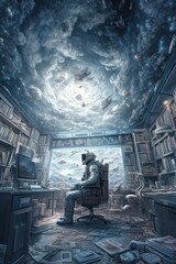 Abstract spaceman in fantasy office world in the universe. Astronaut in crumbling technological concept room. 