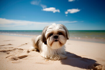 Shih Tzu dog on the beach, funny portrait, generativeai