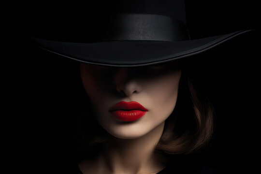 Fashion portrait of a woman with face hidden by elegant black hat and bright red lips. Generative AI
